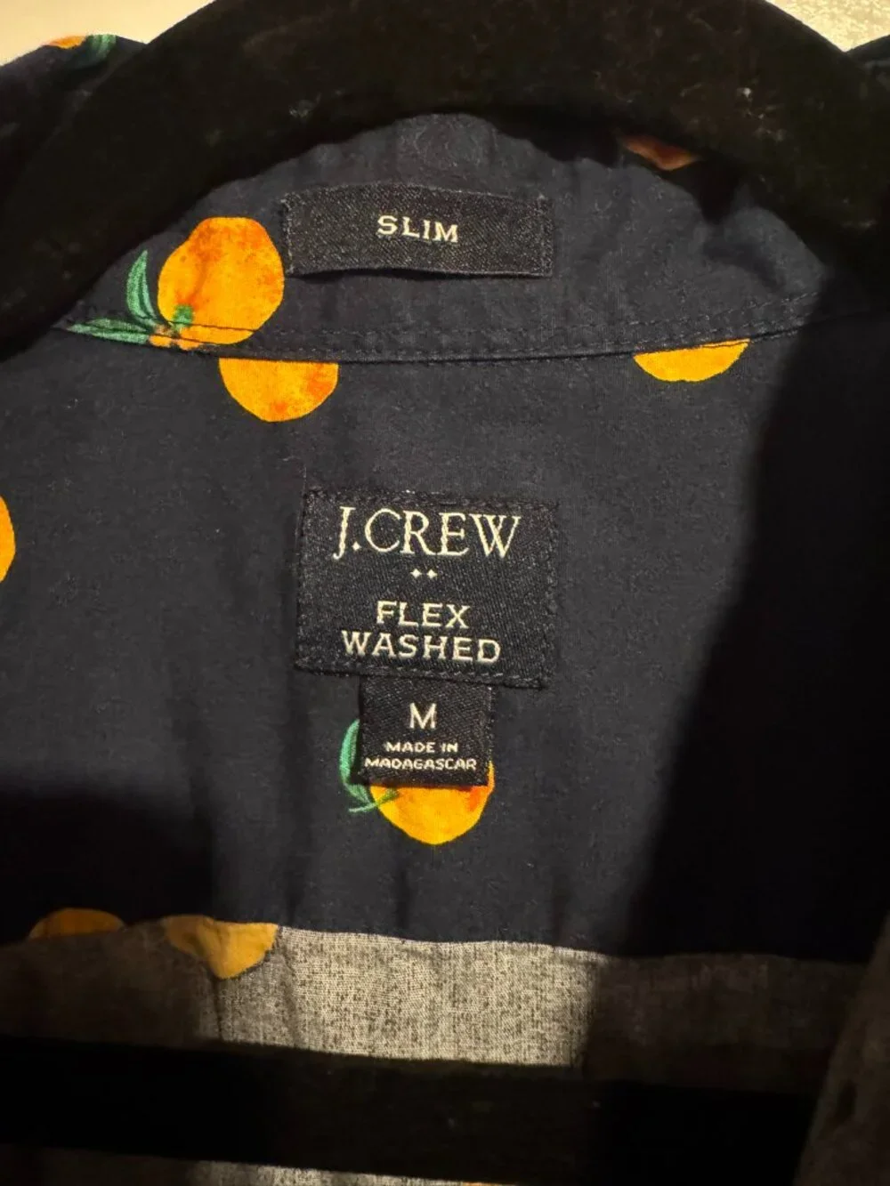 J. Crew Flex Washed Oranges Print Shirt Slim M Navy Short Sleeve